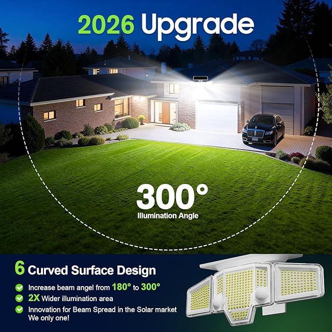 2026 White Motion Sensor Solar Lights Outdoor, 4000LM Solar Flood Lights with Dual PIR & Curved 300° Wide Beam, Larger 3500mAh Adjustable Solar Security Spot Lights Waterproof for Yard-4Pack