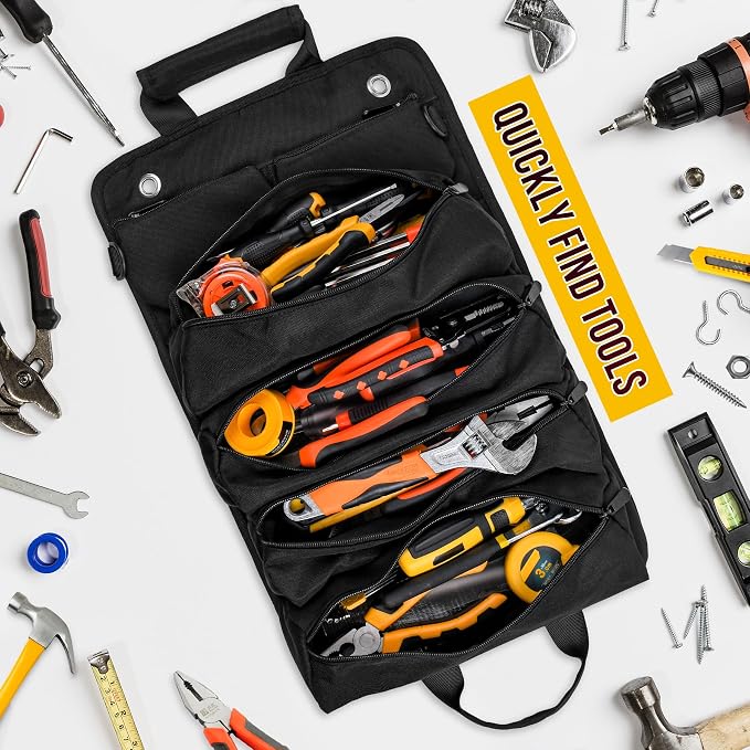 Tool Bag, Tool Bags for Men, Heavy Duty Tool Organizer, Portable Roll Up Tool Bag Gifts For Him, Mechanic, Electrician and Hobbyist, Car Tool Roll Organizer - Black