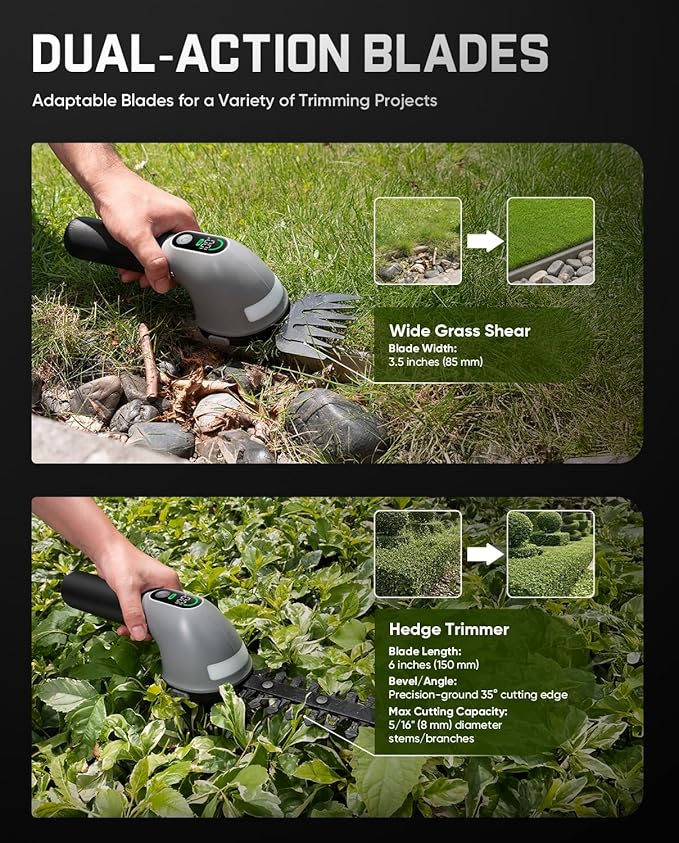 Fanttik Z10 Pro Cordless Hedge Trimmer, 6” Shurbbery Trimmer & 3.5” Grass Shear, Dual-Mode with Battery Display, Type-C Fast Charge, Two Blades for Yard, Garden, Lawn Care