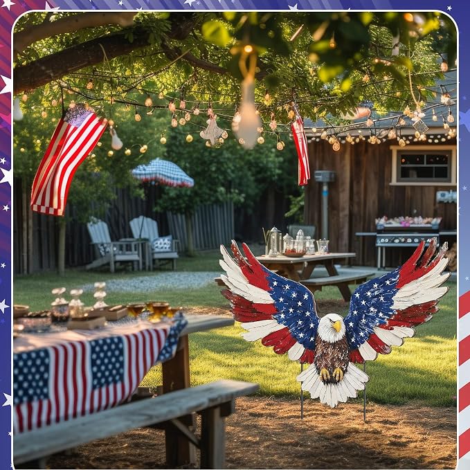 Amyhill 4th of July Outdoor Decor Patriotic Eagle Metal Garden Stakes Decorative Red White Blue Star Yard Signs with Stakes for Independence Day Memorial Day Garden Lawn Decorations