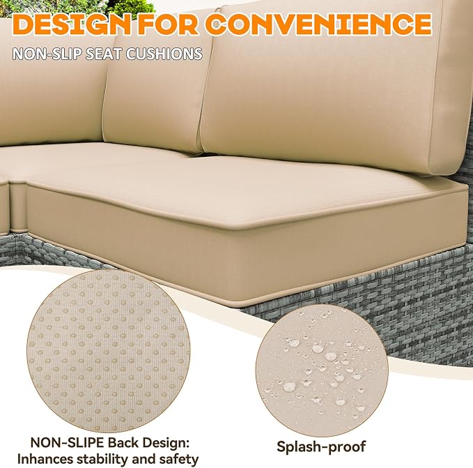 Outdoor Replacement Cushions for Patio Furniture,Water-Resistant Sofa Cushion for Rattan Wicker Sectional Patio Conversation Sets,14-Piece Outdoor Couch Cushion, Khaki