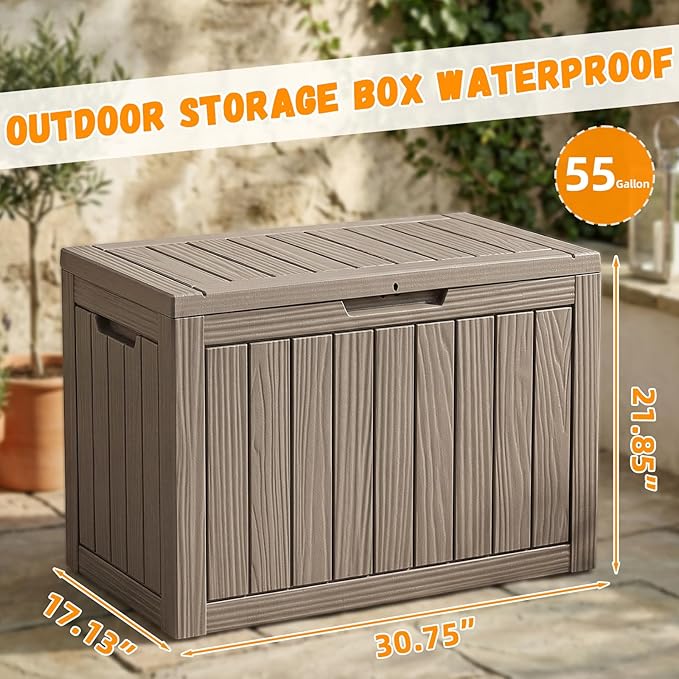 ROJIK Outdoor Storage Box, 55 Gallon Waterproof Deck Box, Weatherproof Resin Outside Storage Bin for Patio Furniture, Garden Tools, Pool Accessories, Cushion, Grey