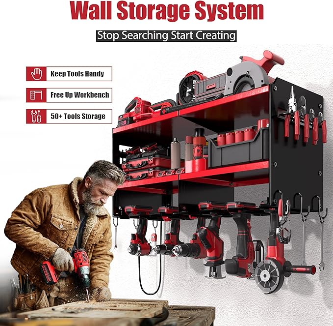 Spampur Fathers Day Gift – Power Tool Organizer Wall Mount with Charging Station, 420 lb Capacity 3-Tier Storage Rack Holds 6 Drills, Side Slots for Screwdrivers & Bits, Garage Storage for Men Gifts