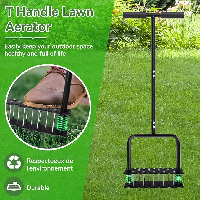 Lawn Aerator, Automatic Dirt and Leaf Clean Design, Heavy Duty Manual Lawn Aerator Tool with 14 Iron Spikes, Soil Lawn Aerating Tools for Yard Lawn and Garden, Aerator Spikes aerating Tool (Black)