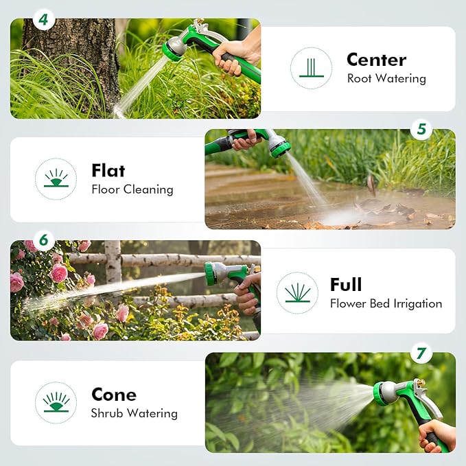RESTMO Heavy Duty Metal Garden Hose Nozzle, Water Hose Nozzle with 7 Adjustable Spray Patterns, High Pressure Hose Sprayer with with Flow Control, for Plants & Lawns, Washing Cars & Pets, Green