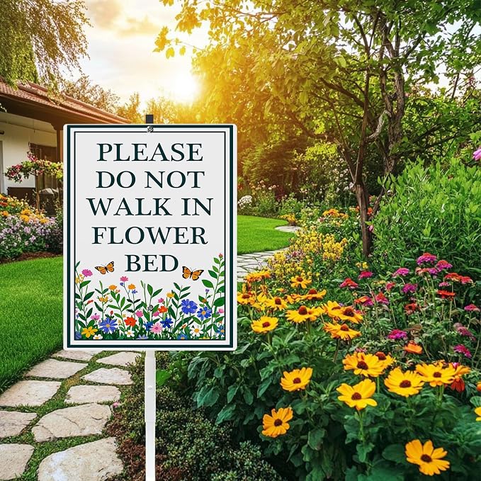 Please Do Not Walk in Flower Bed Yard Sign With Stakes Stay Out of Flowers Signs Keep Off Wildflower Pollinator Habitat Reflective Rustproof Aluminium Garden Stake Outdoor 8X12 IN