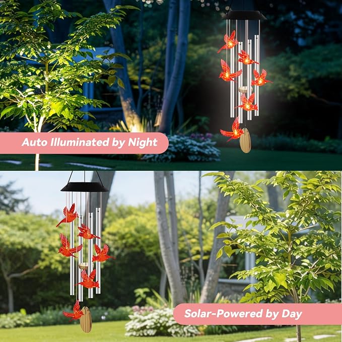 Wind Chimes for Outside, Solar Lights Outdoor Waterproof, Color Changing Cardinal Light for Yard, Outdoor, Patio, Garden Decor, Wind Mobiles Gardening Gifts for Women, Mom, Wife, Red Cardinal
