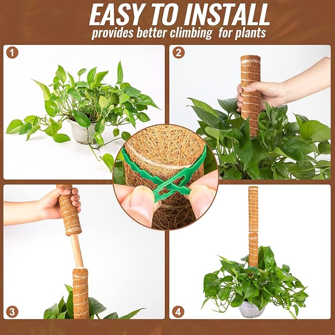 4 Pcs 12 Inches Coir Totem Pole With 8 Pcs Adjustable Plant Twist Ties - Moss Stick for Creepers Plant Support Extension, Climbing Indoor Plants