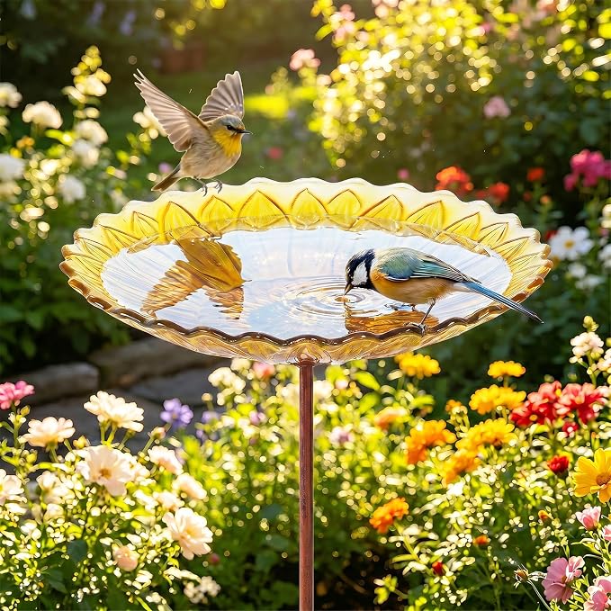 MUMTOP Glass Bird Bath, Garden Outdoor Birdbaths Birdfeeder with Metal Stake, Yellow