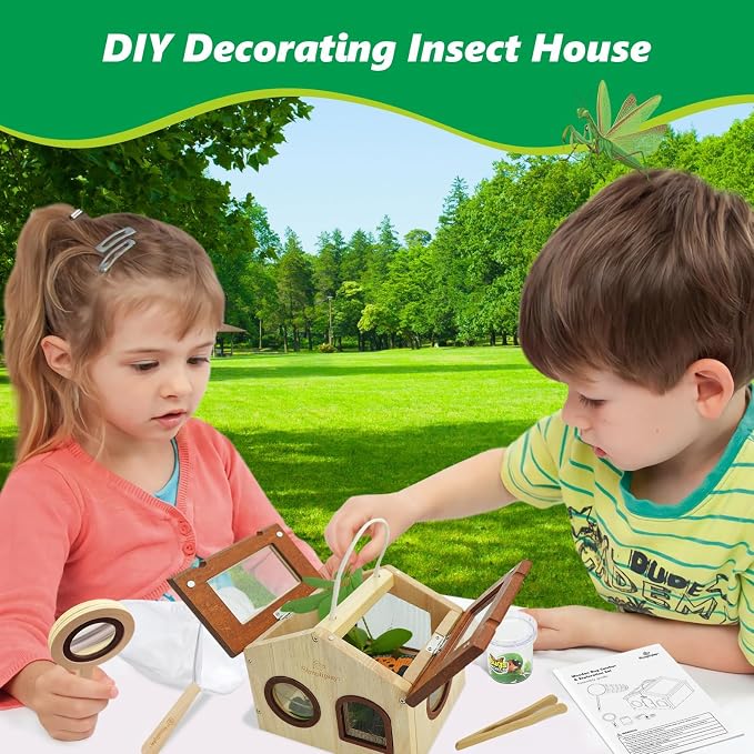 SimpliPlay Kids Bug Catching Kit, 6-in-1 Nature Discovery Kit with Breathable Wooden Critter Habitat House, 15 Insert Cards, Magnifying Glass, Butterfly Net, Summer Outside Toys, Gift for Boys & Girls