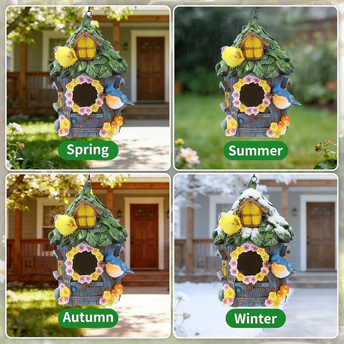 Bird Houses for Outside Real Wood-Look Birdhouse with Blue Bird – Hand-Painted Resin Birdhouses for Outdoors for Bluebird Finches Cardinals Bird Nesting Garden, Patio, Yard