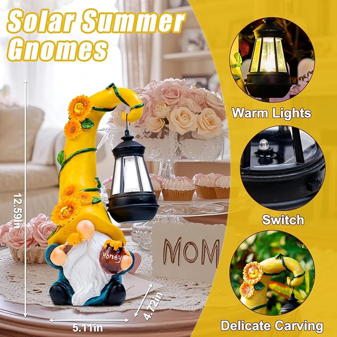 twinbling Birthday Gifts for Women Mom - Garden Gnome Statue with Solar Lights Large Garden Sculptures Funny Bee Gnome Outdoor Patio Lawn Yard Garden Decor 12 in Summer Gnomes Outdoor