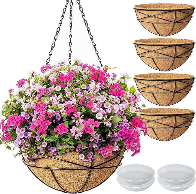 4 Pack 10 Inch Hanging Planters Metal Wire Flower Baskets with Natural Coconut Liners for Outdoor Plants Round Plant Holder Planter for Garden Decor