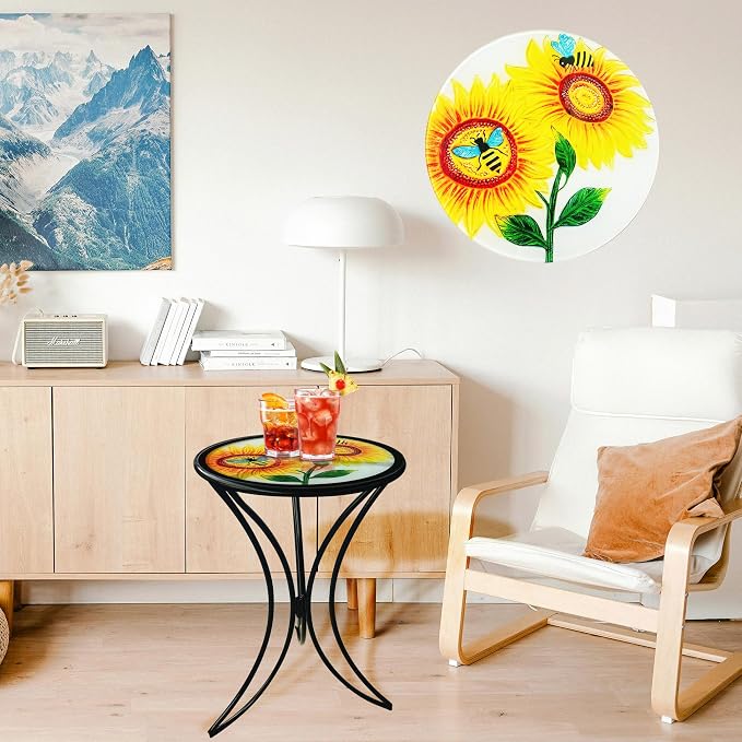 J-Fly 12 Inch Outdoor Side Table, Round Patio Accent Indoor End Table with Glass Top & Metal Base for Living Room, Office, Balcony, Bee Sunflower Indoor Furniture Valentine Decor(20" Height)
