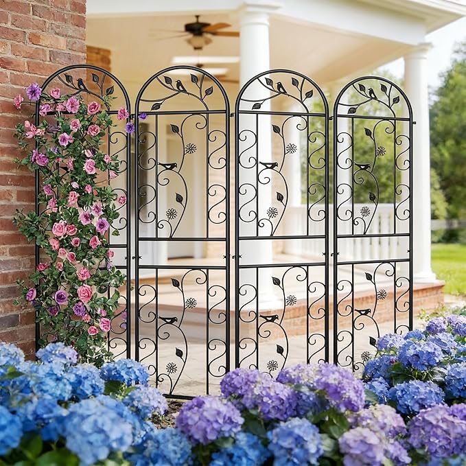 4 Pack 87x20in Garden Trellises, Daisy & Bird Black Metal Coated Rustproof Trellis for Climbing Plants Outdoor, Roses, Vegetables, Vines, Cucumbers