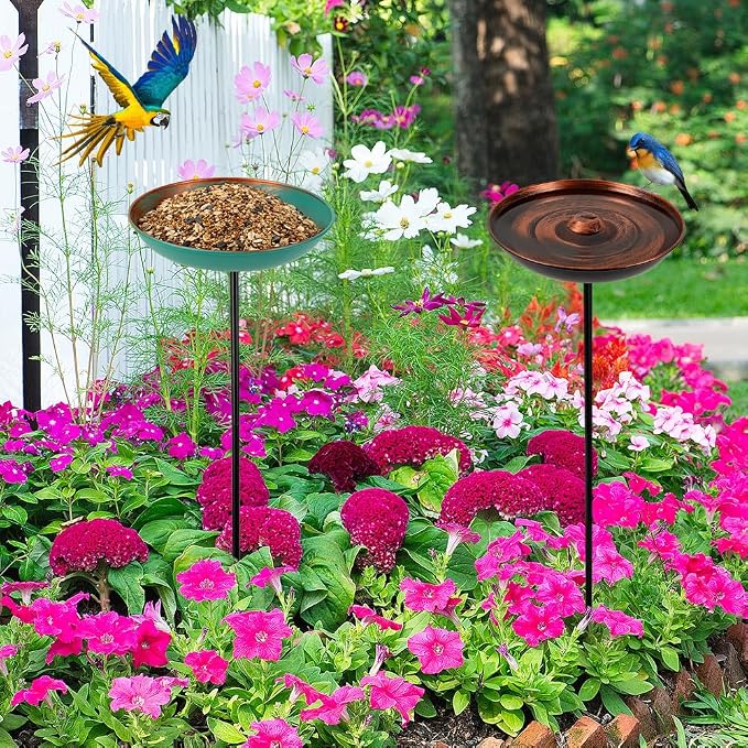VEWOGARDEN 2 Pack Bird Bath for Outside Vintage Metal Bird Bath with Stake Outdoor Birdbath Set for Garden, Patio, Lawn Decor
