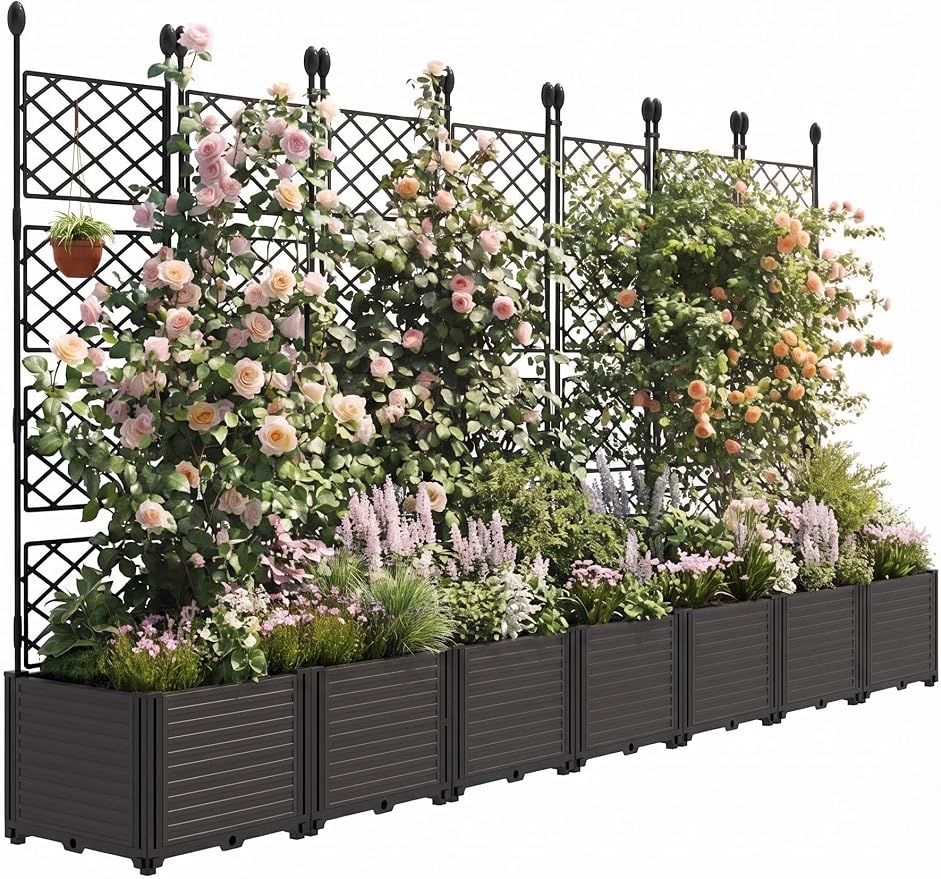 Patikuin 7-Section Sturdy Weather-Resistant Raised Garden Bed with Metal Trellis, Vertical Modular Planter Box & Privacy Screen for Climbing Plants, Vegetables, Flowers