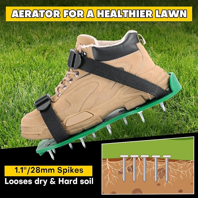 Lawn Aerator Shoes with 1.1''Spikes | Aerating Sandals with Adjustable Hook & Loop Straps, Spike Shoes for Epoxy Flooring, One-Size-Fits-All Yard Garden Grass Soil Aeration Tool (Green)