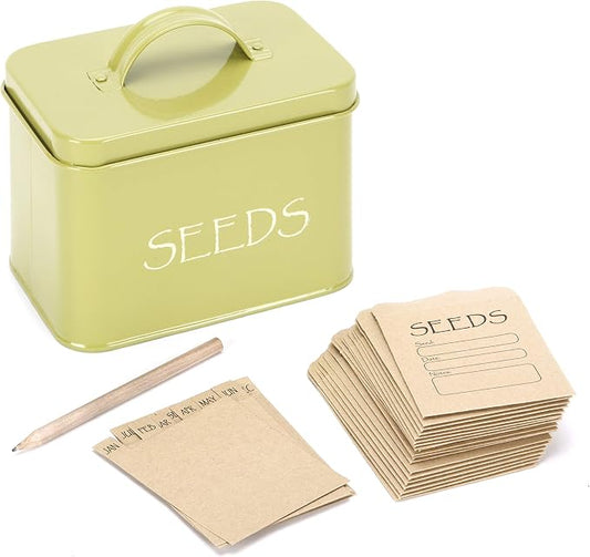 Katai Steel Seed Storage Box Organiser in Green. Compact Seed Packet Container with Lid Complete with Monthly Dividers, 20 Envelopes and Pencil