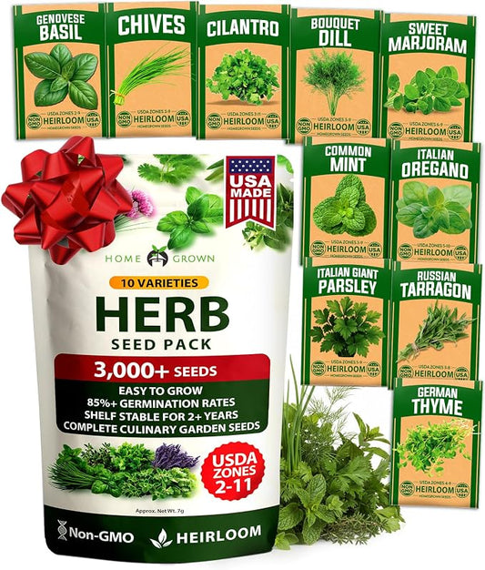 HOME GROWN 10 Herb Seeds for Planting 3,000+ Non-GMO Heirloom Seeds | Extra Large Variety Pack Herb Kit – Indoor Outdoor & Hydroponic | Culinary Seed Set | Grow Your Own Herbs | Gift for Beginners