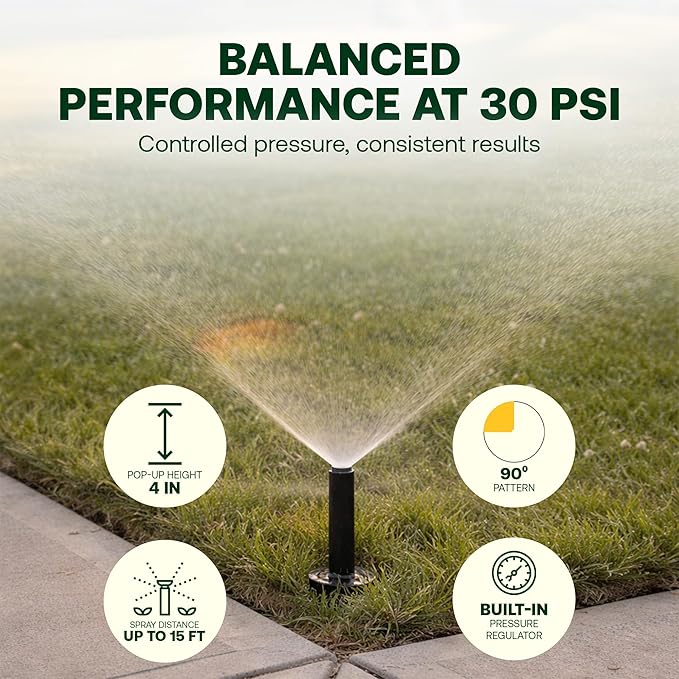 Rain Bird 1804QDPRS Pressure Regulated 1800 Series Dual Spray 4 in Pop Up Sprinkler Head, 4 Pack -Water Efficient Lawn Sprinkler with 90 Degree Quarter Pattern, 1/2 in NPT, Up to 15 Ft Spray Distance
