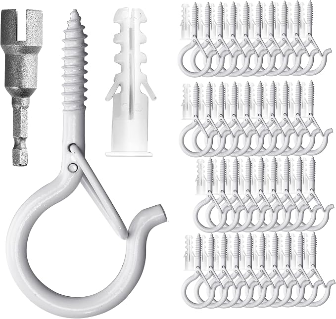 PlusRoc 40 Pack Ceiling Hooks for Hanging Plants Outdoor String Lights Heavy Duty, 2.2 Inch Eye Hook Screw in Cup Hooks Q-Hanger for Patio Lights, Wall Wood Fence Deck Mount(White)