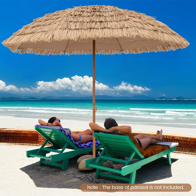 Tangkula 8Ft Tiki Patio Umbrella, UPF50+ Hawaiian Style Outdoor PE Grass Umbrella with 8 Ribs, Portable Thatched Beach Umbrella for Garden, Yard, Poolside