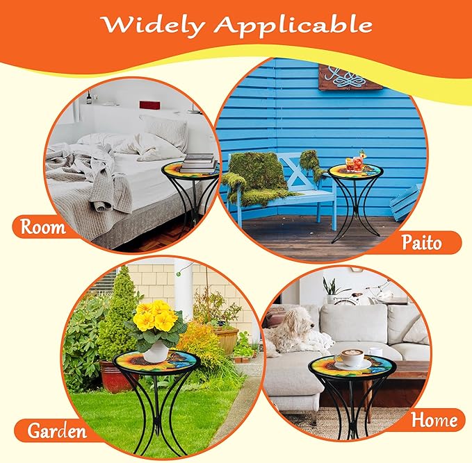 J-Fly 12 Inch Outdoor Side Table, Round Patio Accent Indoor End Table with Glass Top & Metal Base for Living Room, Office, Balcony, Sunflower Butterfly Indoor Furniture Valentine Decor(20" Height)