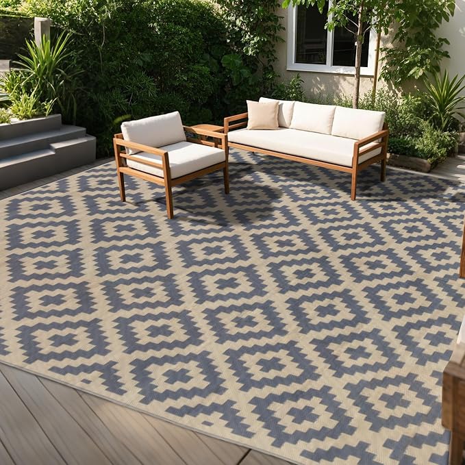 SAND MINE Reversible Mats, Plastic Straw Rug, Modern Area Rug, Large Floor Mat and Rug for Outdoors, RV, Patio, Backyard, Deck, Picnic, Beach, Trailer, Camping (10' x 14', Grey Tan Lattice)