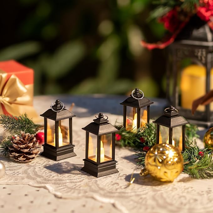 Black Lanterns Decorative Indoor: 24 Pcs Mini Lanterns for Wedding Table Centerpieces Battery Powered Small Led Lights for Party Bulk
