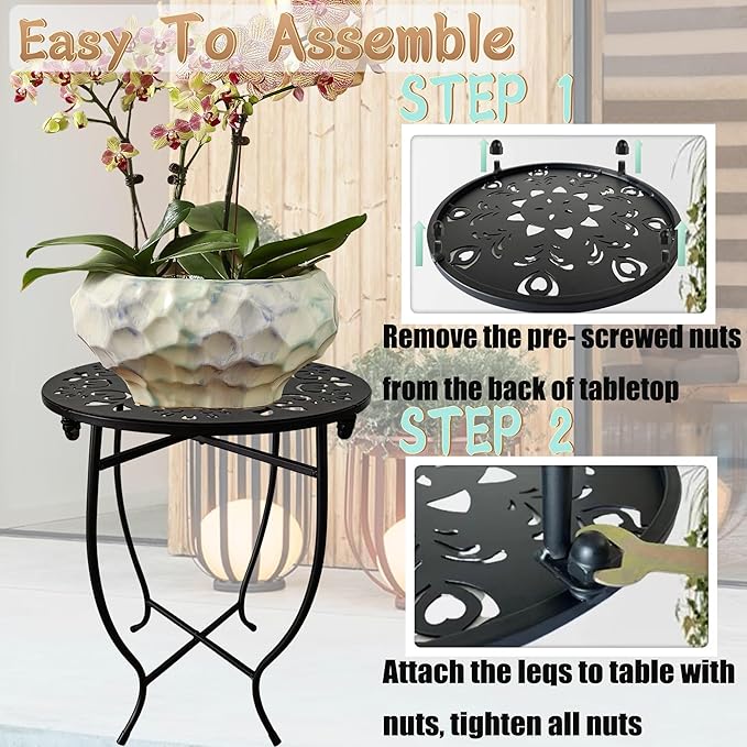 Small Patio Table, 17Inch Height Metal Patio Side Table with Flower Cut Design, 14'' Round Small Outdoor Side Tables for Patio Yard Porch Balcony Garden Bedside Plant Stand Indoor Outdoor 1Pack