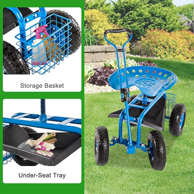 kinbor Garden Cart Rolling Work Seat with Tool Tray Outdoor Utility Lawn Patio Yard Wagon Scooter for Planting with Adjustable Handle 360 Degree Swivel Seat, Blue