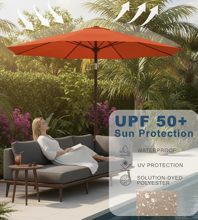 9FT Auto-Tilt Patio Umbrella|Outdoor Market Table Umbrella with 8 Fiberglass Ribs for Pool,Deck&Backyard