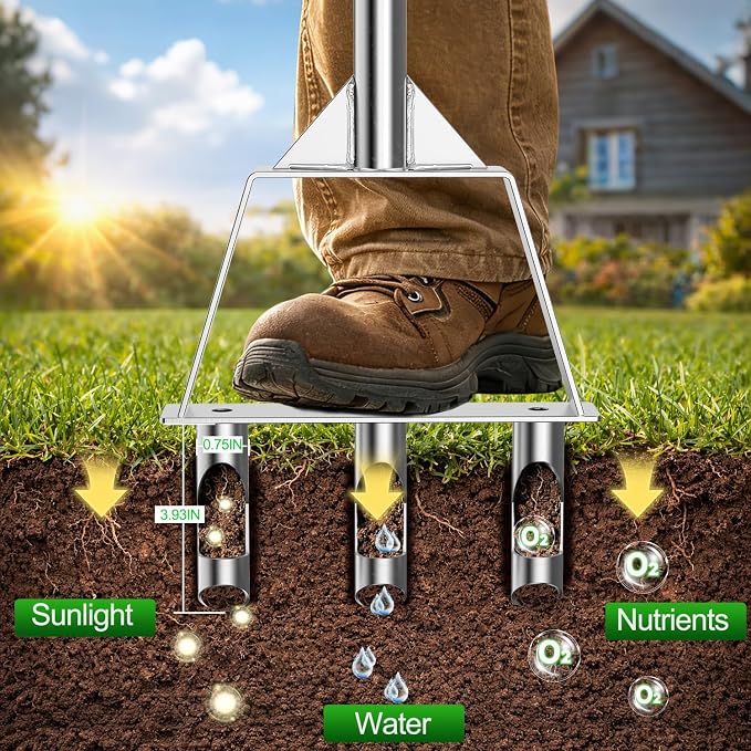 Lawn Core Aerator, Heavy-Dut Stainless Steel Lawn Plug Aerator Tool with 3 Hollow Tines, Triangular Welded Base, Semi-Assembled Grass Lawn Aerator for Lawn, Lawn Care Coring Soil Aerator