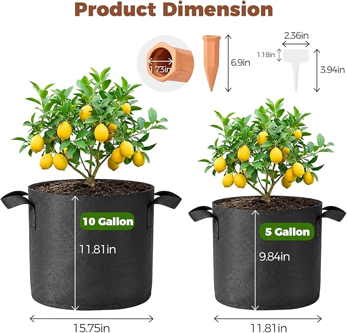 5-Pack 5 Gallon Self Watering Grow Bags with 5pcs Terracotta Watering Spikes, Fabric Growing Plant Bags Garden Planting Pots for Gardening Outdoor, Planter Bags for Potato Tomato Cucumbers Vegetables