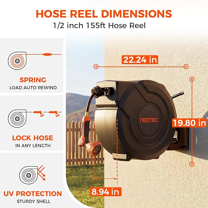 Upgraded Retractable Garden Hose Reel 1/2 inch x 155 ft 9 Pattern Nozzle Heavy Duty Metal Bracket Wall-Mounted Any Length Lock Automatic Slow Return 180° Swivel UV Resistant Hose Reels for Outside