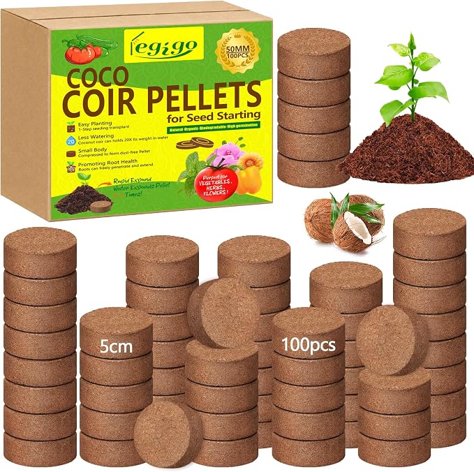 Legigo 100 Pcs 50mm Coco Coir Pellets Seed Starter Soil Mix- Organic Coconut Coir Potting Soil Pods for Seedling, Coco Peat Soil Discs for Indoor & Outdoor Plants Bonsai Herbs Vegetables and Flowers