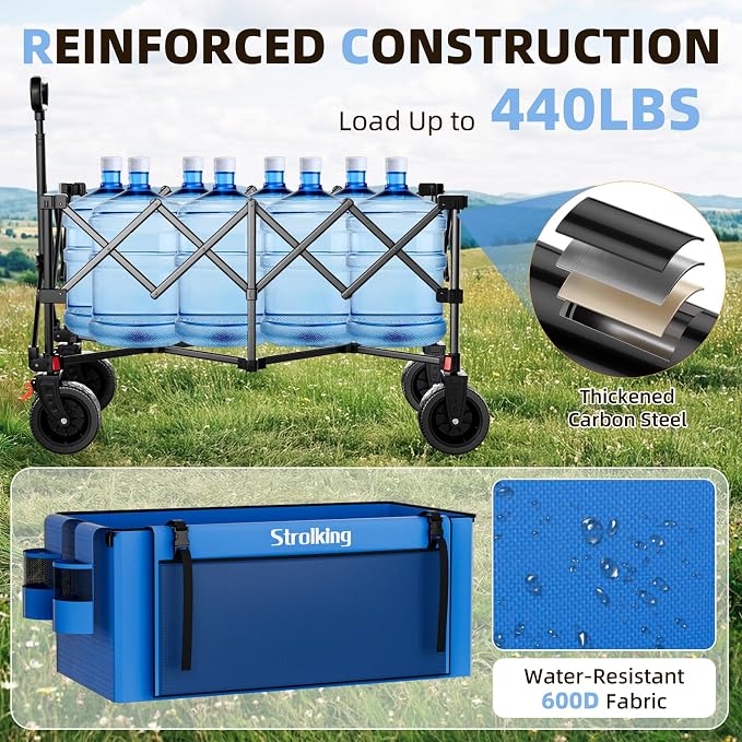 220L Collapsible Wagon Cart, 39" L Extended Frame and 440Lbs Heavy Duty, Lightweight 15lbs Folding Garden Cart with Silent All-Terrain Wheels for Beach, Camping Grass and Grocery, Blue