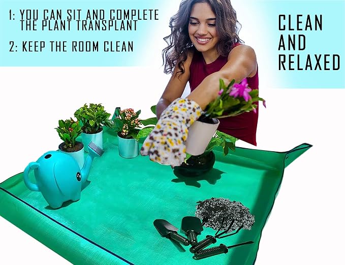 BIUWING Plant Repotting Mat,Waterproof Transplanting Mat,Foldable Indoor Succulent Potting Mat for Garden, Portable Gardening Mat for Indoor Plant Transplanting and Mess Control (39.4"*39.4" Green)