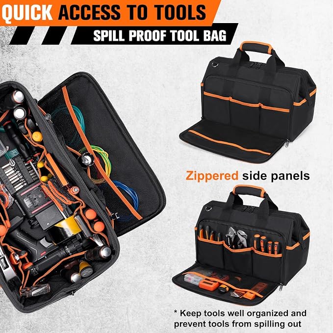 AUROPEAK Heavy Duty Tool Bag 17.3-Inch, 26-Pocket Large Organizer for Men Women with Adjustable Shoulder Strap, Waterproof, Foldable for HVAC Electricians Mechanics Craftsman Contractor