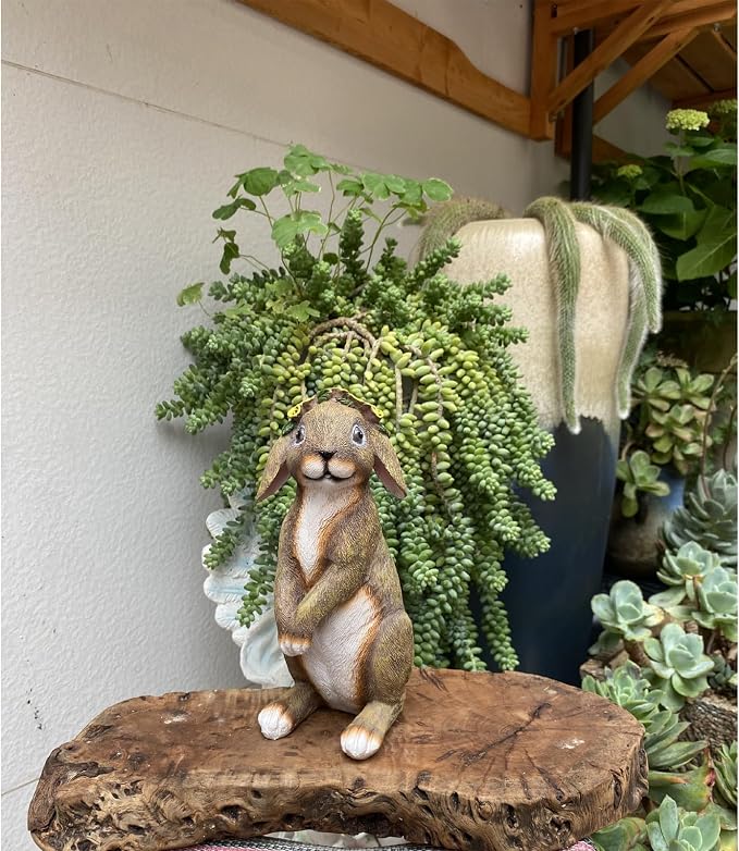 Bunny Outdoor Statues, Rabbit Garden Statues for Lawn Yard Decorations Outdoor Adorable Bunny Wearing Flower Crown, Outdoor Bunny Decor Lucky Rabbit Mom Dad Gifts