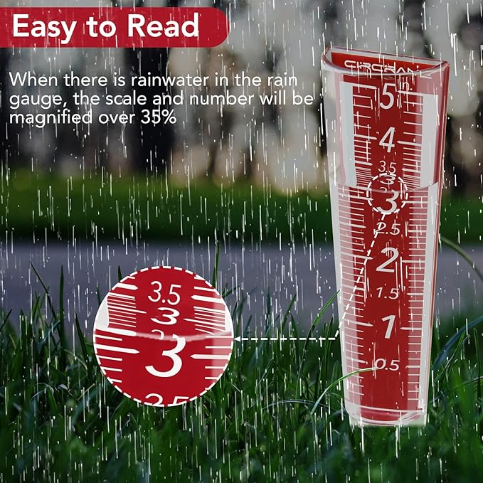 Circrane 5-Inch Capacity Outdoor Rain Gauge with Additional Hang Bracket& Stainless Steel Screws, Magnifying Scale and Numbers Design for Easy Read (Red)