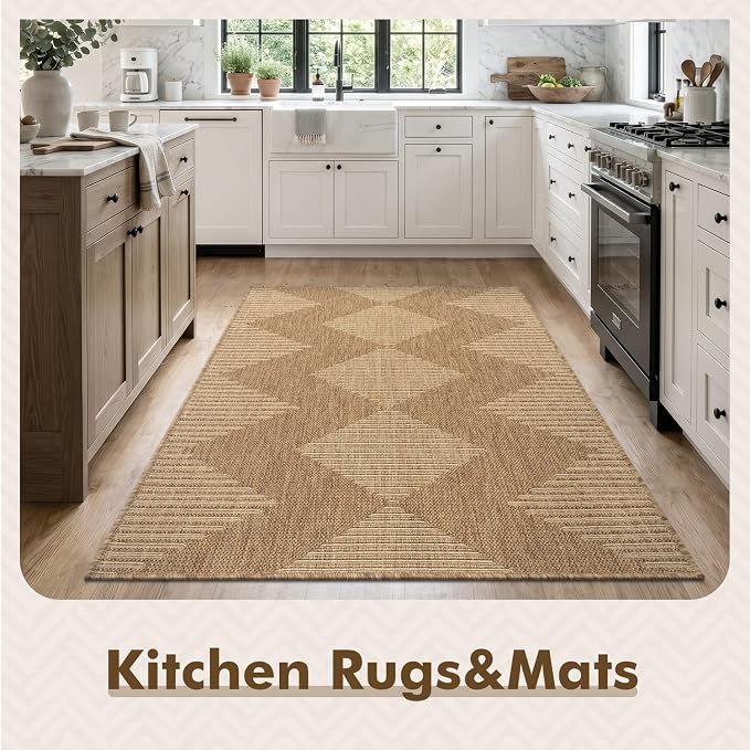 MontVoo-3x5 Outdoor Rug Porch Entryway Rug-Polypropylene Indoor Outdoor Rugs for Entryway Kitchen Balcony Patio, Textured Weave, Durable, Fade-Resistant, Non-Shedding, Boho Geometric Neutral Brown