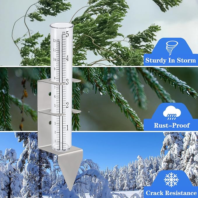 Rain Gauge,Rain Gauges Outdoors Best Rated with Stainless Steel Mounting Rack Holder,Freeze Proof Plastic Replacement Tube,Large Numbers,Rain Measure Gauge for Yard Garden Fence Lawn Patio Farm(5")