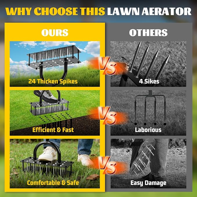 Lawn Aerator Tool with 24 Steel Spikes, Grass Aerator Lawn Tools with Spring-Loaded Design & Adjustable T-Handle, Pre-Assembled Hand Aerator Lawn Tool for Lawn, Courtyard and Garden