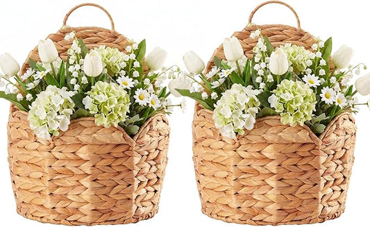 2 PC Door Basket Scalloped Hanging Storage Basket,Water Hyacinth Woven Wall Baskets for Front Door Decor, Hangable Storage Organize for Flowers,Planter,Mails,Wicker Baskets for Organizing -Braided & L