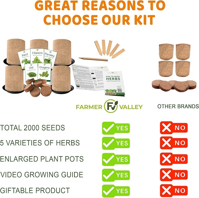 Indoor Herb Starter Grow Kit - 5 Different Medicinal & Tea Herb Seeds - Parsley, Basil, Cilantro (Coriander), Dill, Oregano - Non GMO and Heirloom - Including Pots and Soil - Made in USA