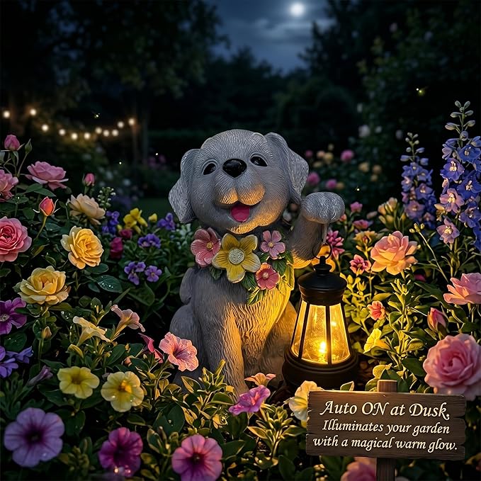 Dog Solar Light, Solar Dogs Statues Outdoor with Lantern, Cute Dogs Garden Figurines for Patio and Yard Decor, Gardening Gifts for Mom, Grandma, Dog Lovers