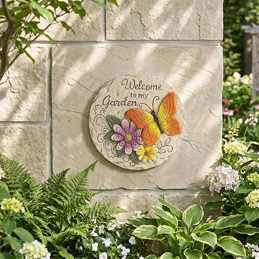Garden Stepping Stones Outdoor Butterfly Step Stones for Walkway Gardening Gifts Welcome to My Garden Decorative Round Concrete Stones for Yard Outside Stone