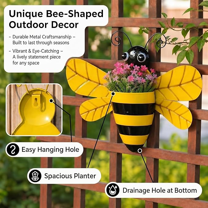 3 Pcs 20 Inch Metal Bee Wall Pocket Planter, Rustic Decorative Wall Hanging Planter for Indoor & Outdoor, Flower Plant Pot for Garden Yard Patio Balcony & Fence, Black & Yellow, Set of 3